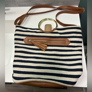 Striped Navy & Cream Shoulder Bag with Tan Trim